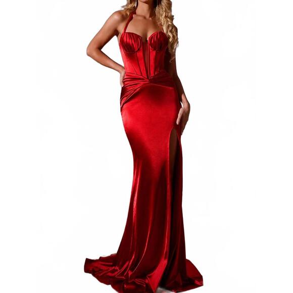 JOVANI Dresses & Skirts - NEW JOVANI strapless fitted satin gown with corset and train in red